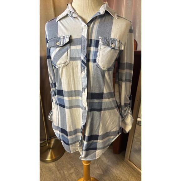 Passport Tops - Passport Womens Blue White Plaid Button Down Roll Tab Sleeve Shirt